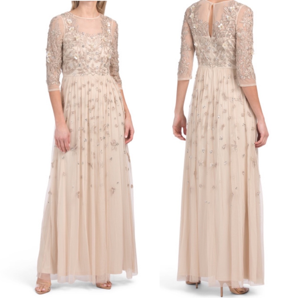 Aidan Mattox beaded sweetheart, neckline, 3/4 sleeve long gown